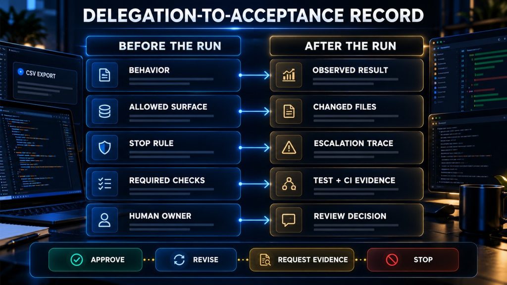 AI Hustle World Delegation-to-Acceptance Record matching coding-agent task boundaries with review evidence and decisions.