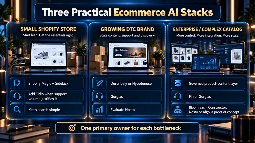 Comparison of AI ecommerce tool stacks for small Shopify stores, growing DTC brands and enterprise retailers.