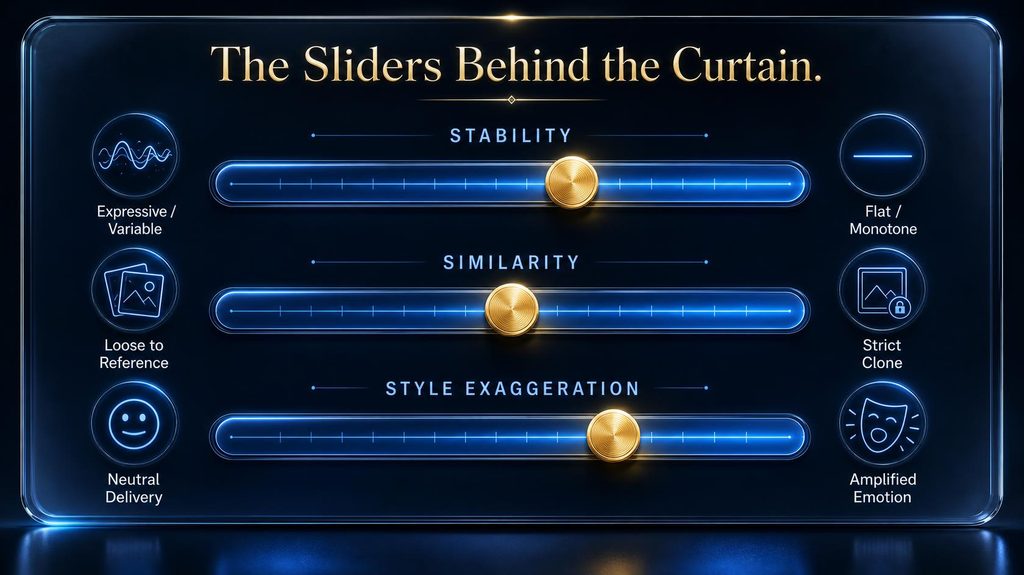 Visual breakdown of the stability, similarity, and style voice settings sliders and what each one controls