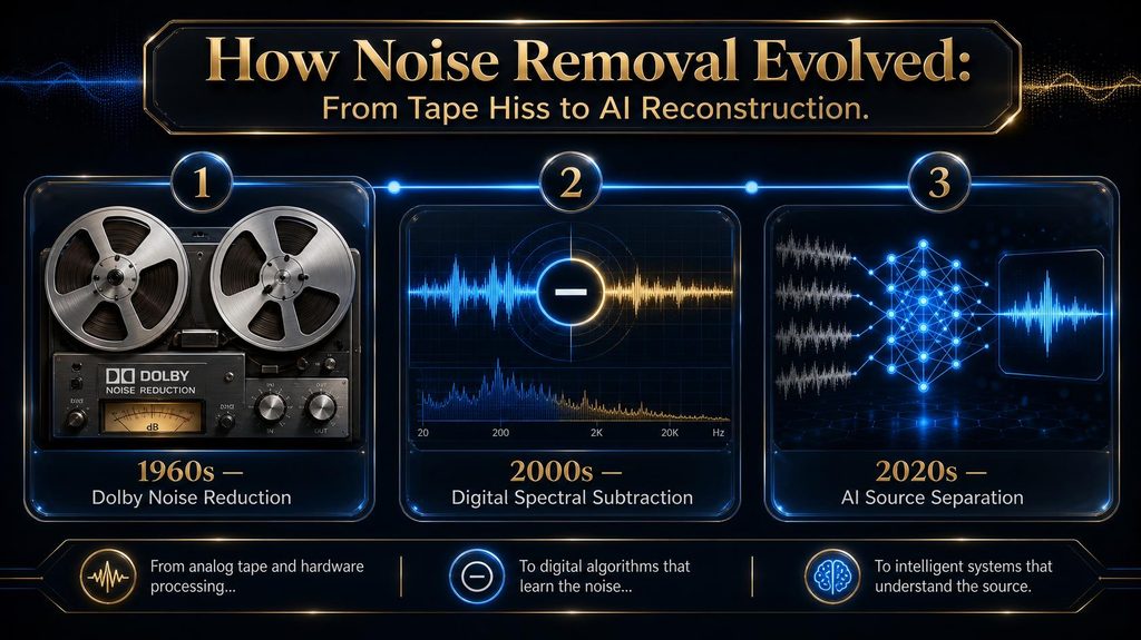 Timeline of noise reduction from Dolby NR to spectral subtraction to AI source separation 