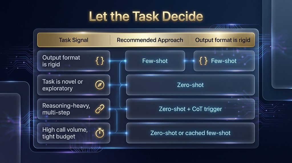  Decision framework table for choosing between zero-shot and few-shot prompting based on task characteristics