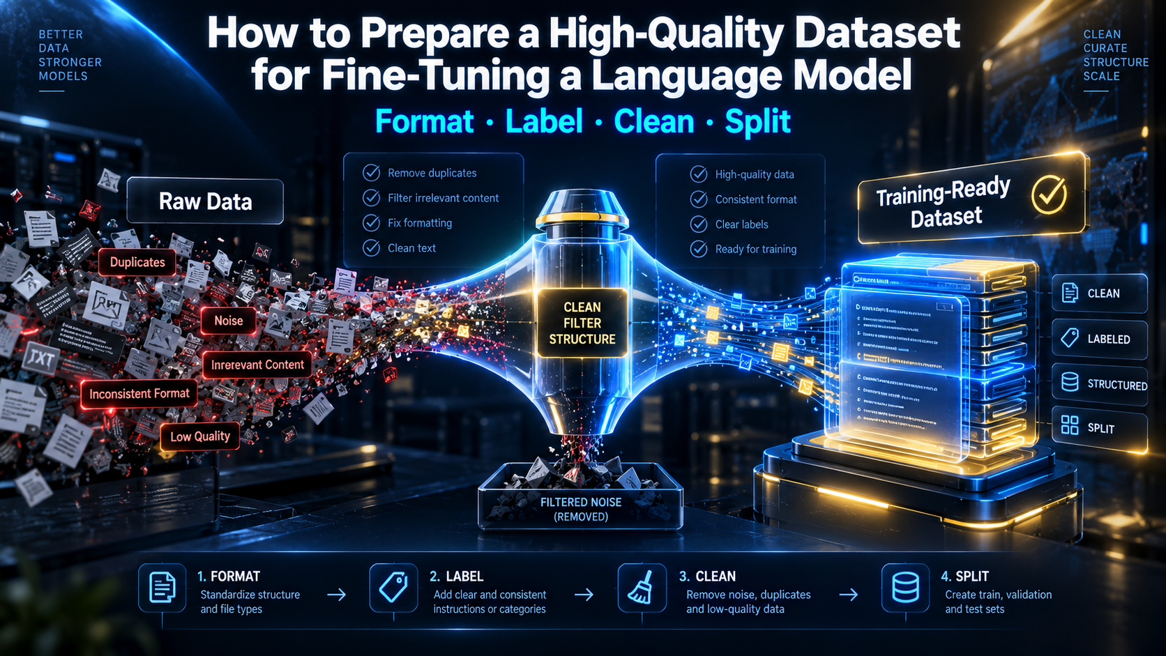 How to prepare a high-quality dataset for fine-tuning a language model — dataset quality, formatting, labeling, and cleaning guide