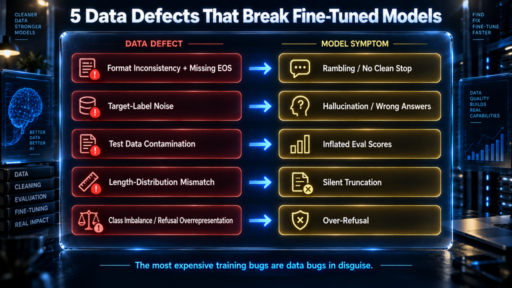 Infographic showing five dataset defects mapped to model failure modes — format inconsistency to rambling, label noise to hallucination, contamination to inflated evals, length mismatch to truncation, class imbalance to over-refusal