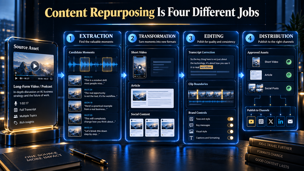 Four AI content repurposing jobs covering extraction, transformation, editing and distribution