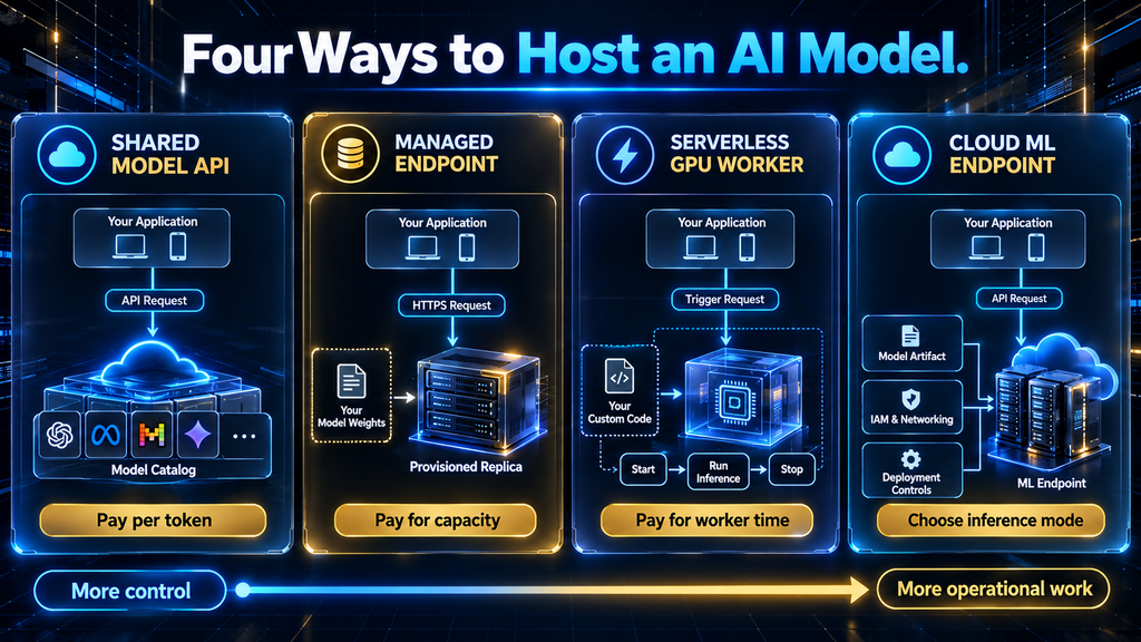 Four AI model hosting lanes showing the control and operational work of a shared model API, managed endpoint, serverless GPU worker, and cloud-native ML endpoint.