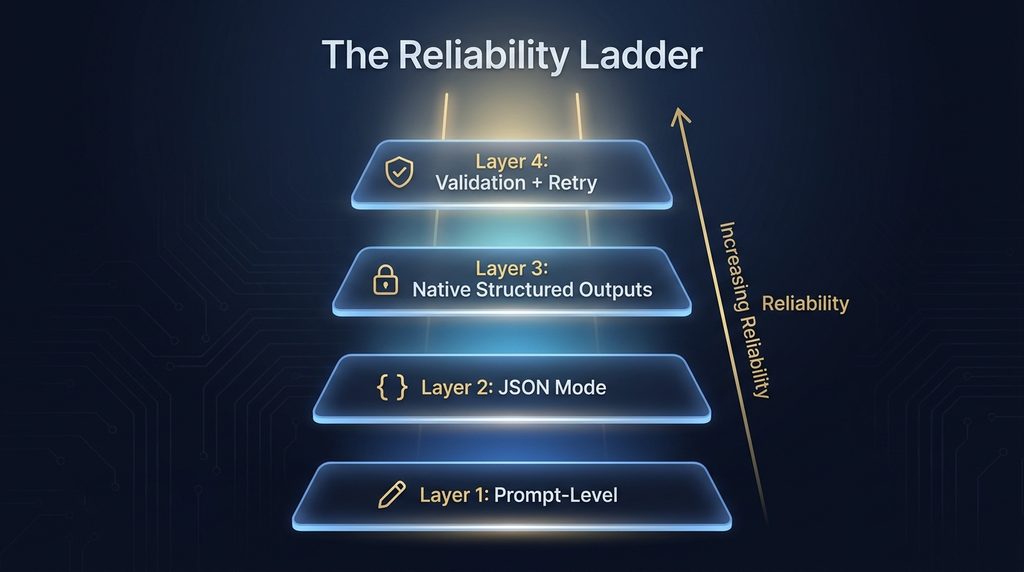 The four-layer reliability ladder from plain prompting to validation and retry