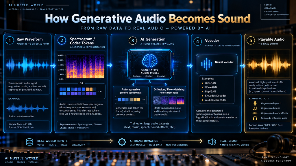 How generative audio converts raw waveforms into representations, generates patterns and reconstructs sound