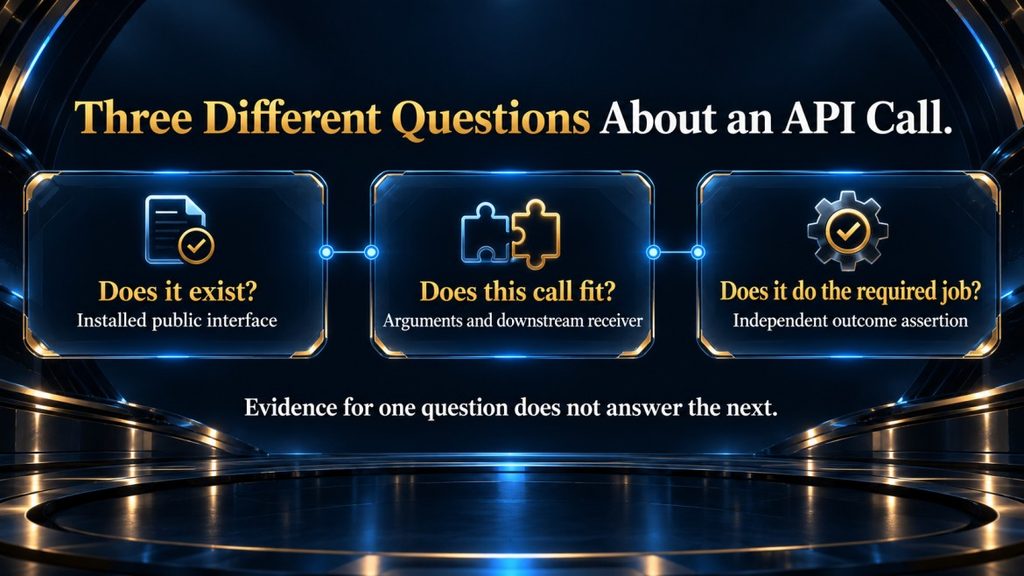 Diagram distinguishing whether an API exists, whether a call fits its interface, and whether it produces the required outcome.