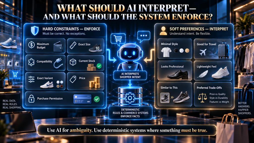 Comparison of hard shopping constraints that require deterministic enforcement and soft preferences that AI can interpret.