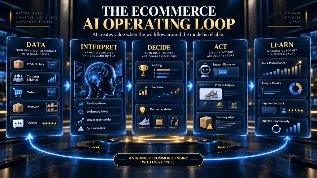 Diagram showing how AI turns ecommerce data into predictions, recommendations, actions, and feedback.