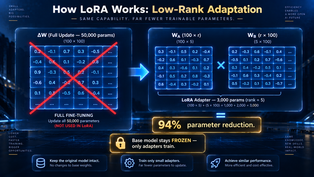 How LoRA works — low-rank matrix decomposition diagram showing W_A and W_B adapter matrices