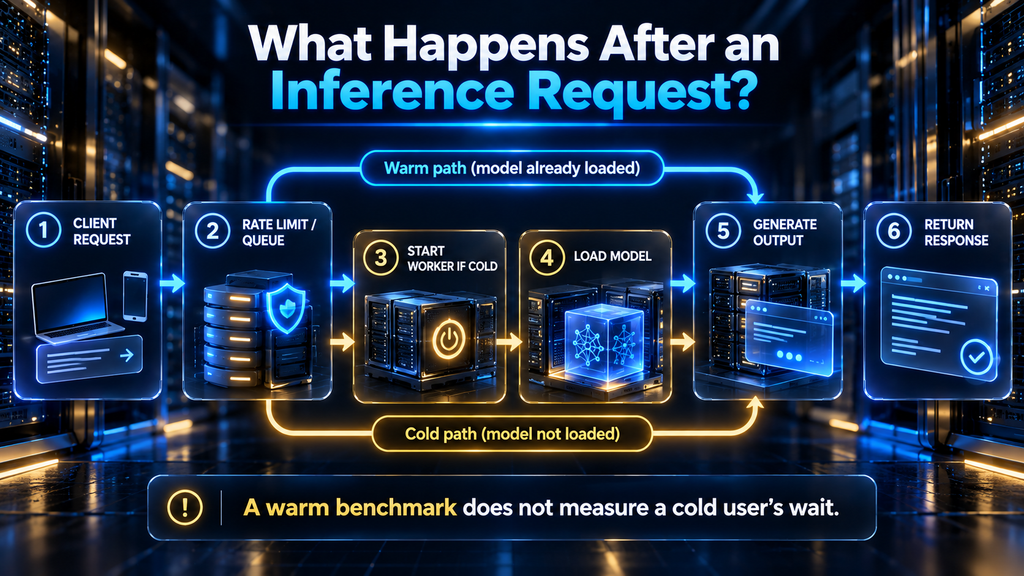 Inference request lifecycle showing client, queue, cold start, model loading, generation, and response with warm and cold paths distinguished.