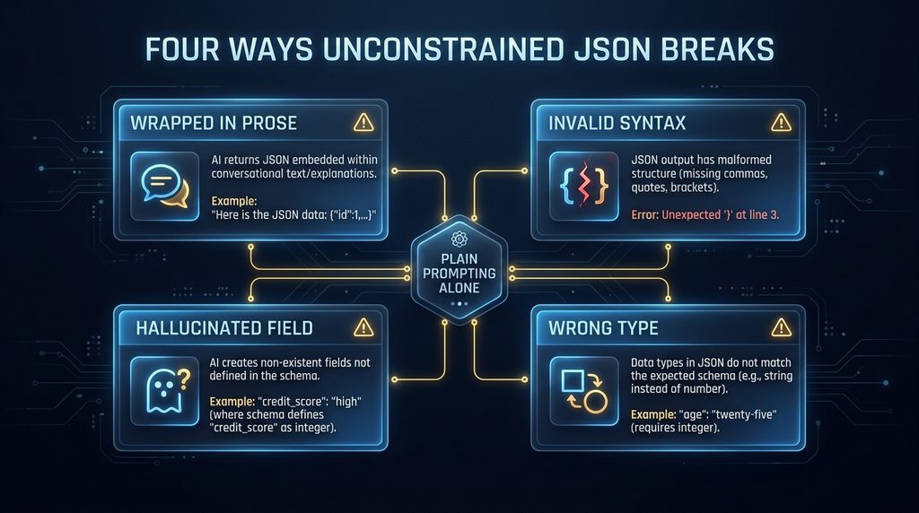 Diagram showing the four common failure modes of plain-prompted JSON extraction