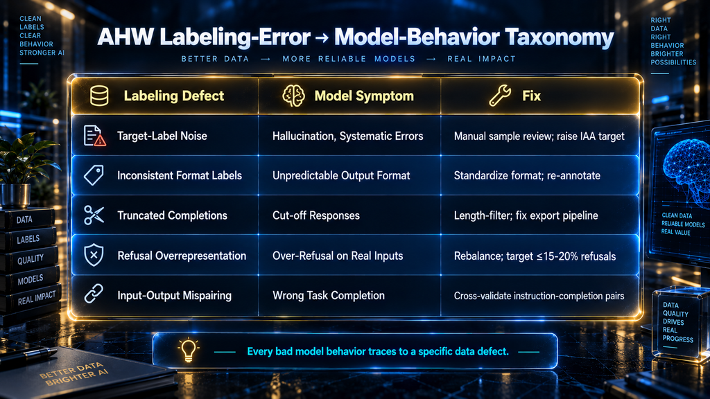 Labeling error taxonomy for fine-tuning — five defect types mapped to model symptoms and remediation strategies