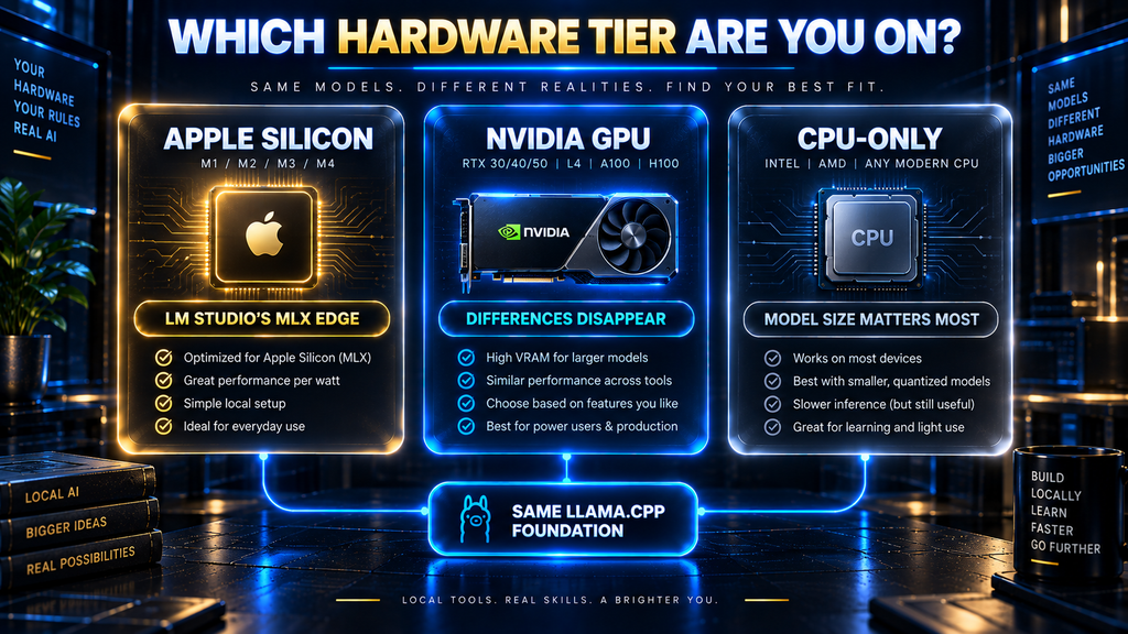 Hardware tier comparison for Ollama, LM Studio, and Jan across Apple Silicon, NVIDIA, and CPU-only setups