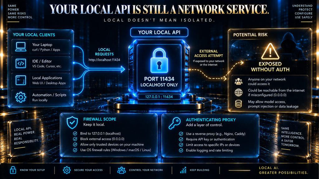 Security risk of exposing a local AI API like Ollama's port 11434 to a network