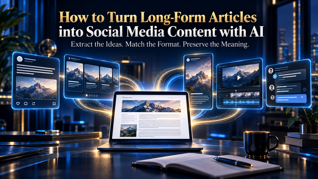 Long-form Articles Into Social Media Content being transformed into platform-native social media content with AI.