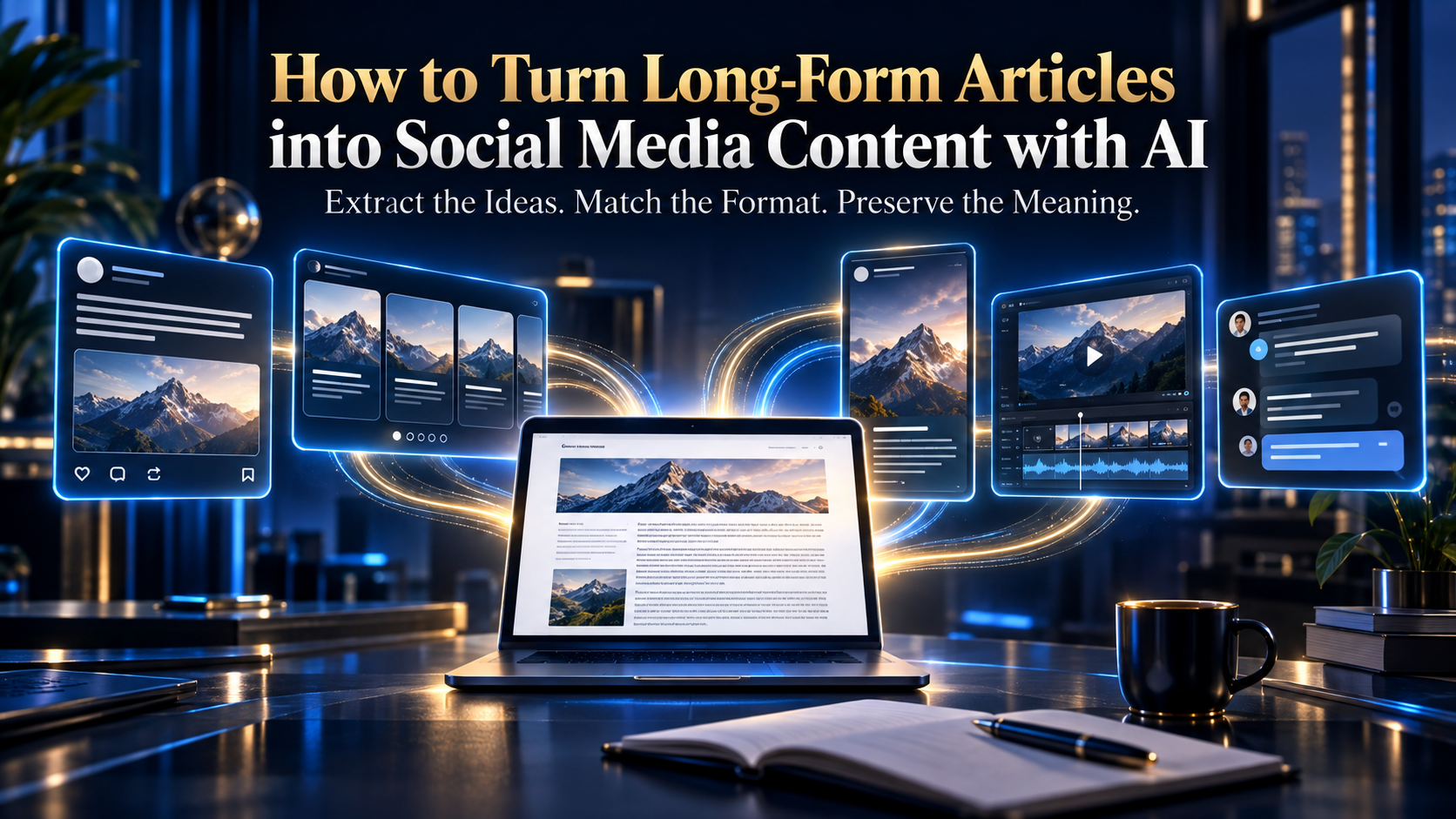 Long-form Articles Into Social Media Content being transformed into platform-native social media content with AI.
