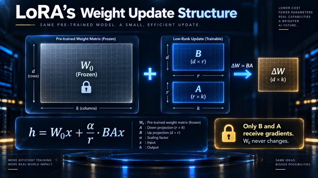 Diagram showing LoRA's core mechanism — frozen base weights W₀ plus trainable low-rank matrices B and A whose product forms the weight update