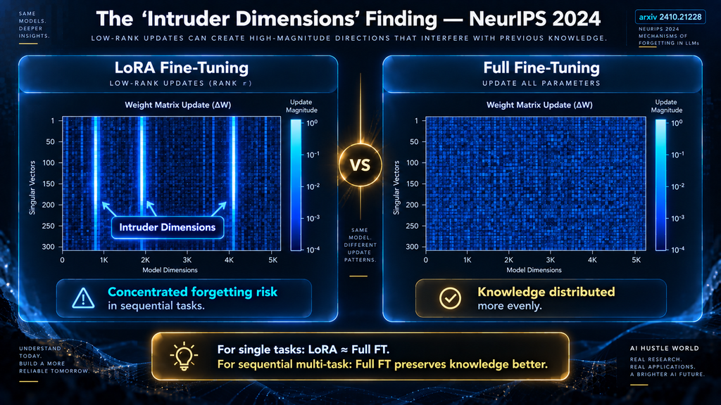 LoRA intruder dimensions finding — NeurIPS 2024 research showing structural difference between