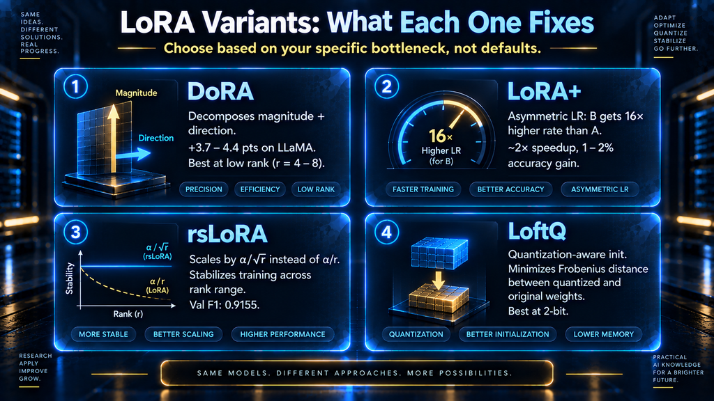 Four-card comparison of LoRA variants — DoRA, LoRA+, rsLoRA, and LoftQ — showing what each one fixes