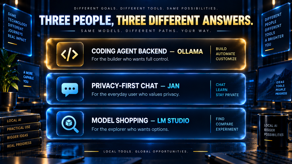 Three real-world setups using Ollama, LM Studio, and Jan for different workflows