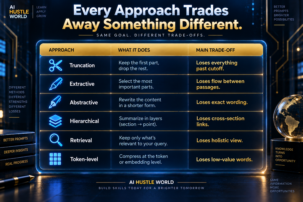Comparison table showing what each document compression approach preserves and what it typically loses
