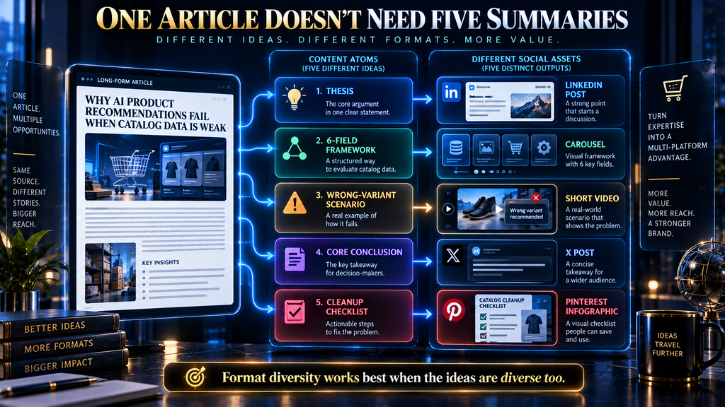 Example showing one long-form article producing five distinct social assets based on different content atoms.