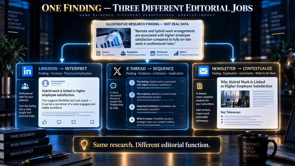 Illustrative example showing one research finding adapted differently for LinkedIn, an X thread and a newsletter.