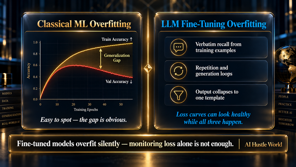 Side-by-side comparison of classical ML overfitting versus LLM fine-tuning overfitting — verbatim recall, template collapse, repetition loops