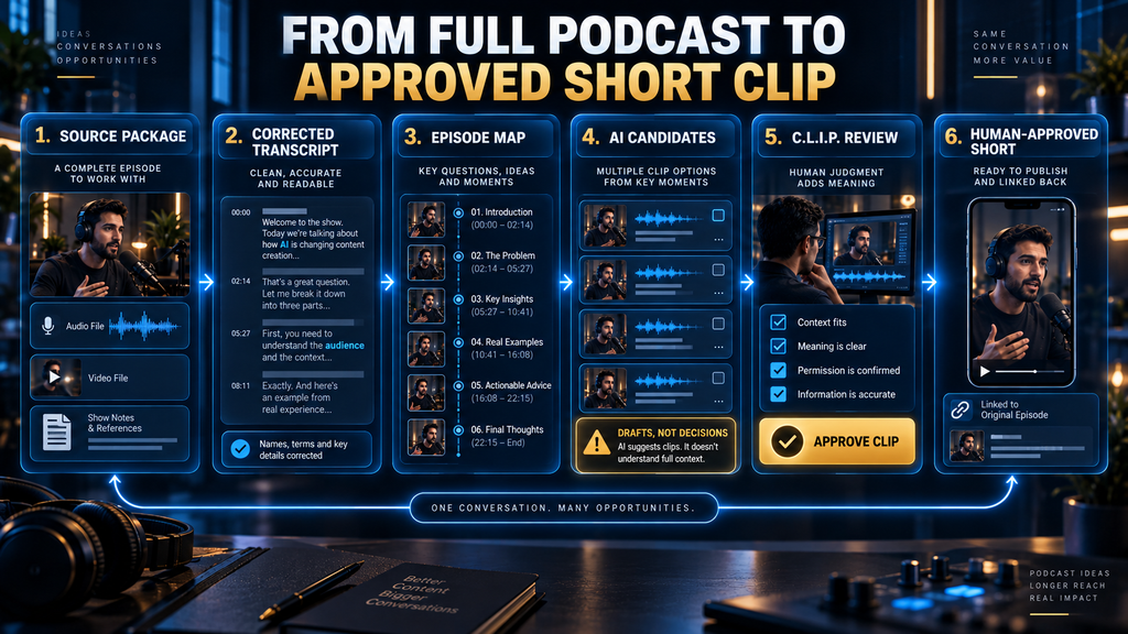 Workflow from a complete podcast episode to reviewed and approved short-form content