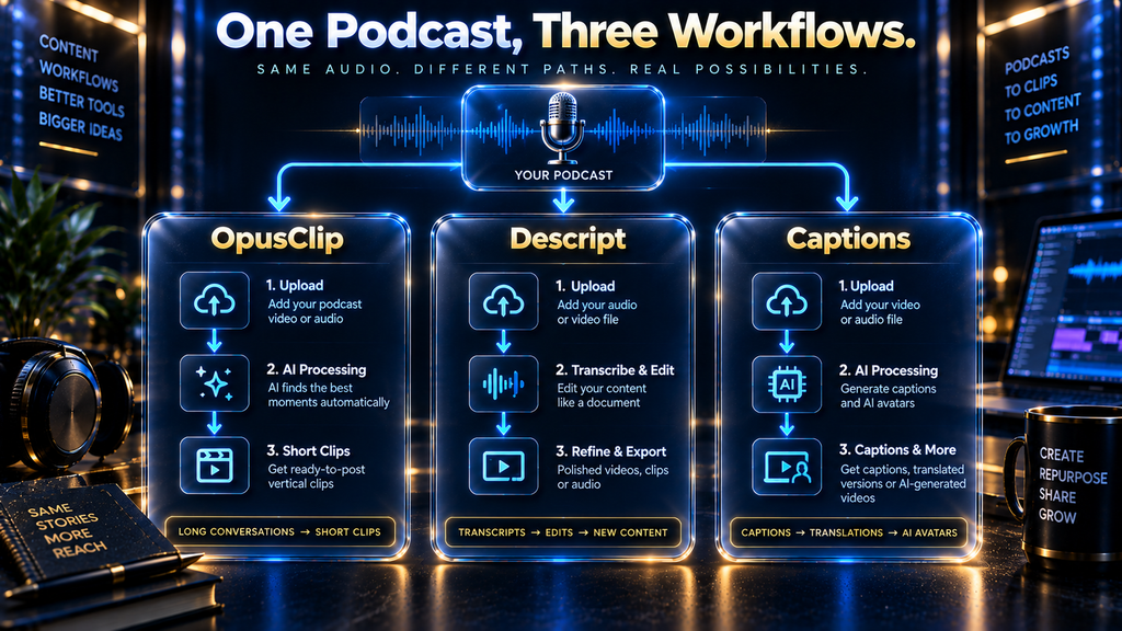 Same weekly podcast processed through OpusClip, Descript and Captions workflows compared