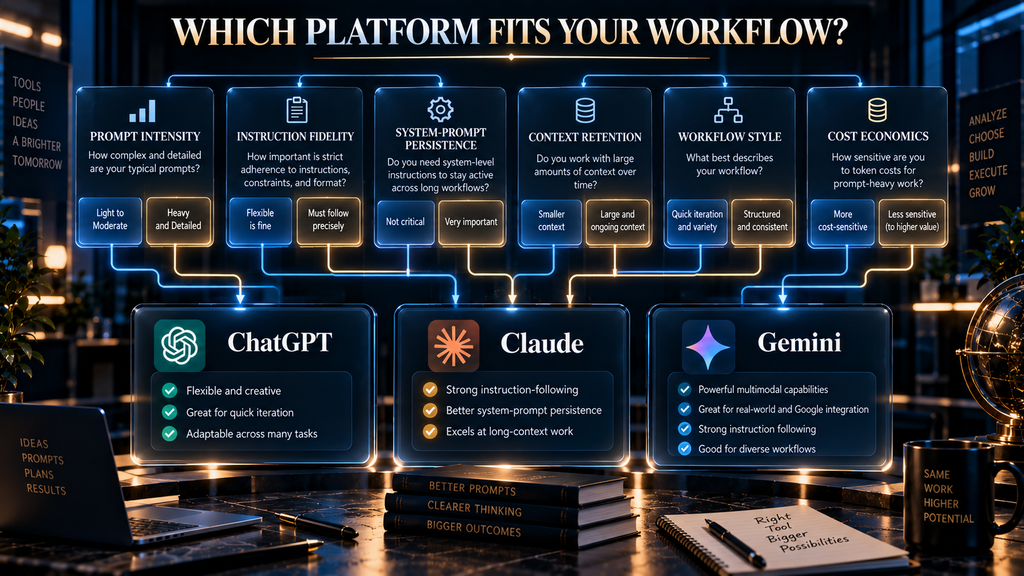 Decision framework for choosing ChatGPT, Claude, or Gemini based on prompt-heavy workflow requirements.