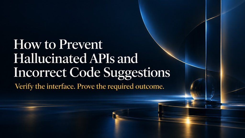 Title banner for preventing hallucinated APIs and incorrect code suggestions through interface and outcome verification.