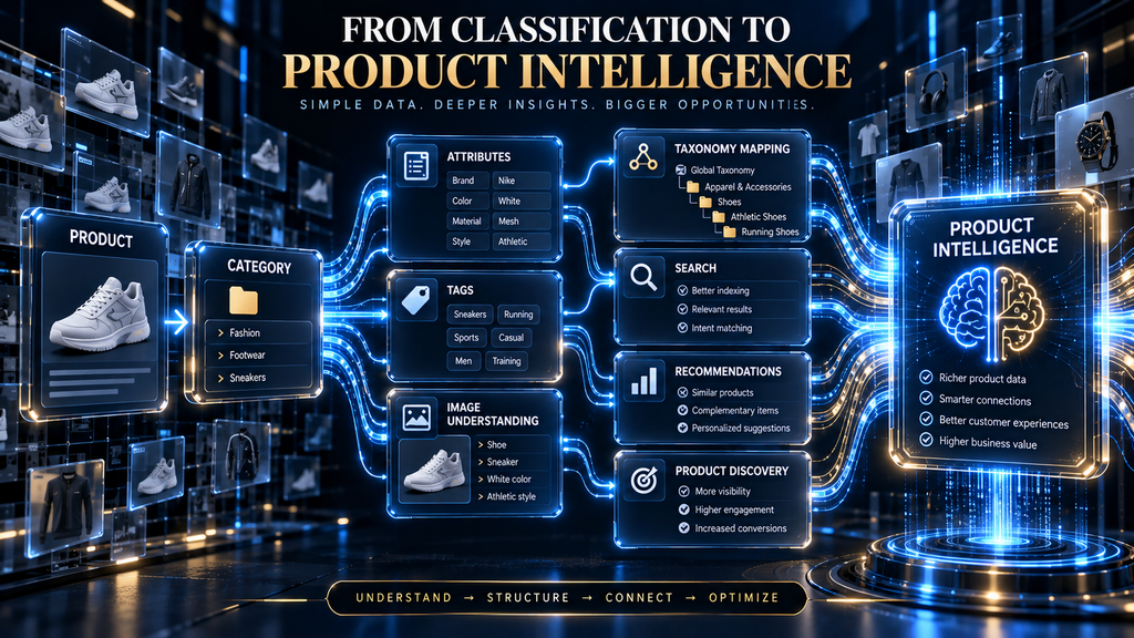 Evolution from AI product classification to broader product intelligence using categories, attributes, images, and taxonomy mapping.