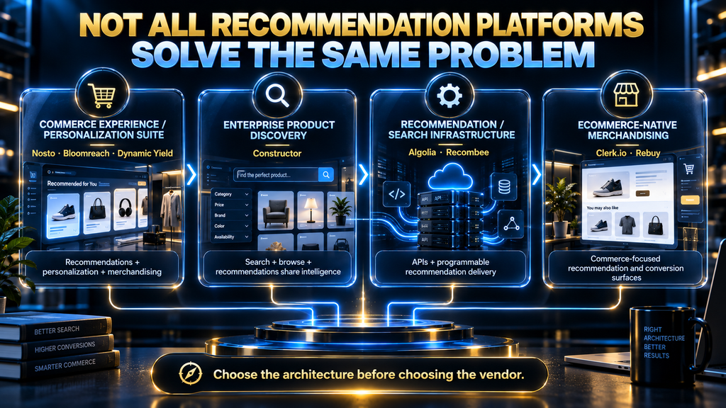 Four types of AI product recommendation platforms for ecommerce stores.