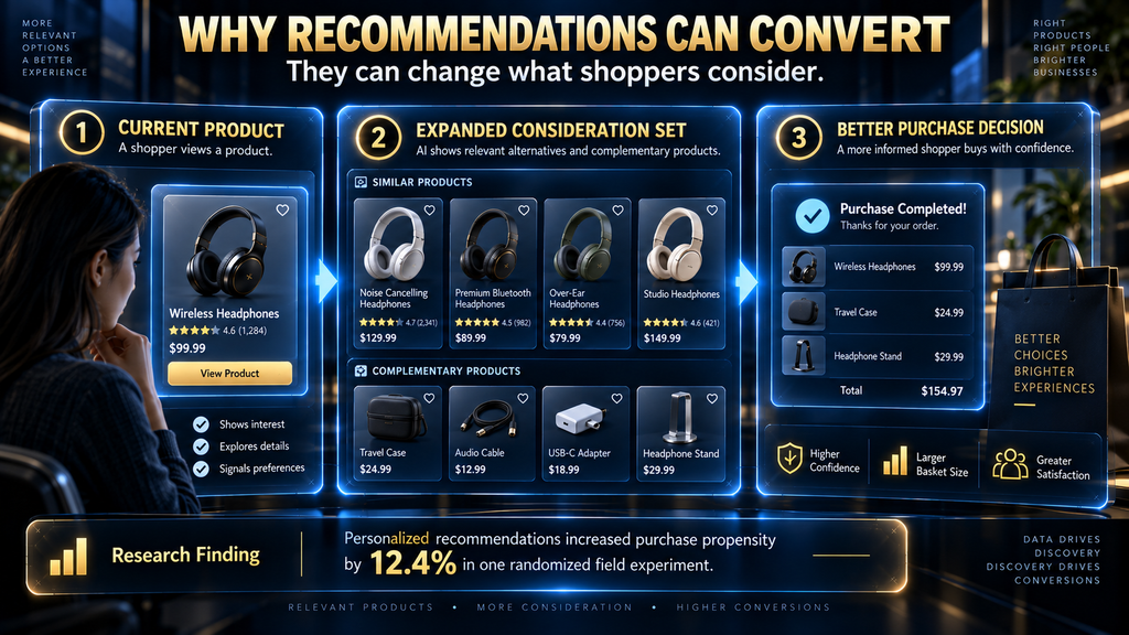 Diagram showing how product recommendations expand a shopper's consideration set and influence ecommerce conversion.