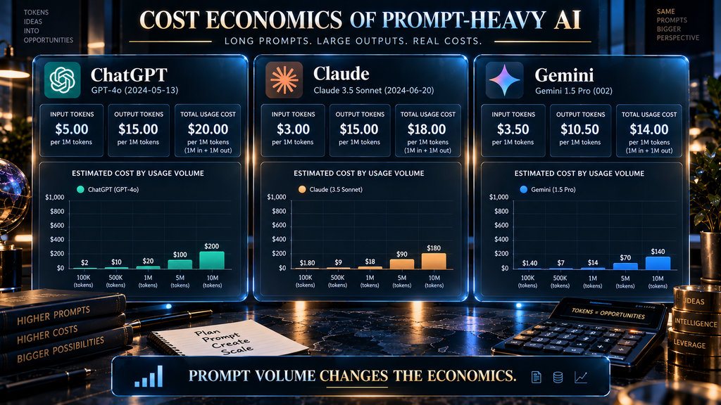 Per-token cost comparison of ChatGPT, Claude, and Gemini for prompt-heavy AI usage.