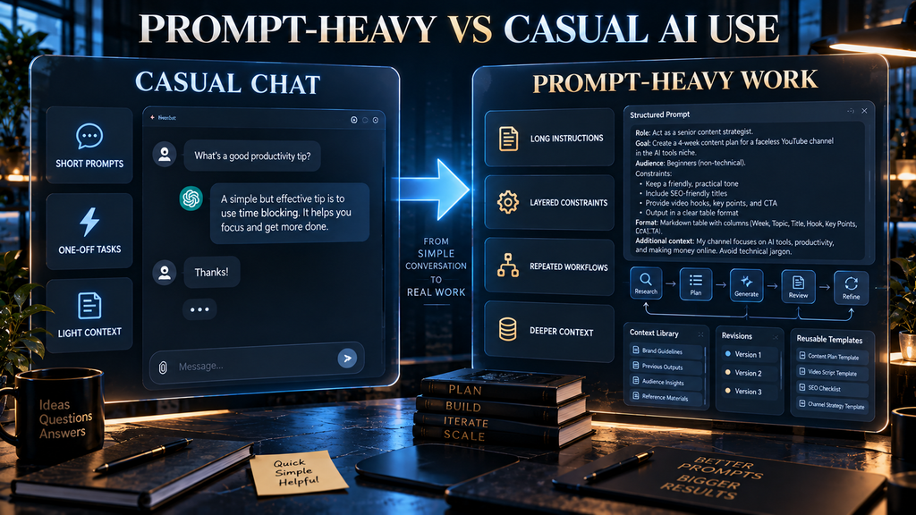 Diagram comparing casual AI chat with prompt-heavy work using long instructions, layered constraints, repeated tasks, and detailed context.