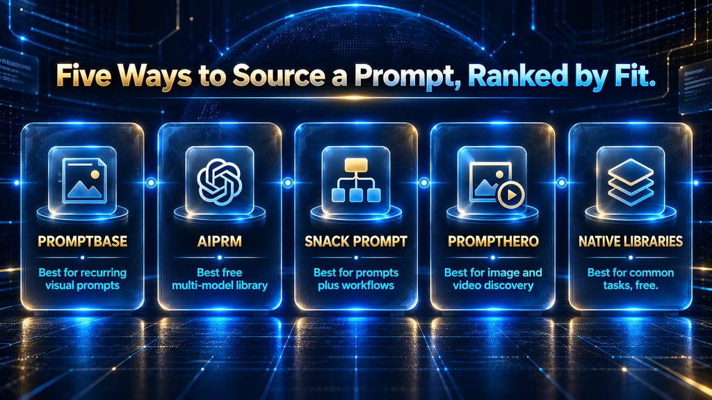 Comparison infographic showing which AI prompt tool fits which need: PromptBase, AIPRM, Snack Prompt, PromptHero, and native model-provider libraries