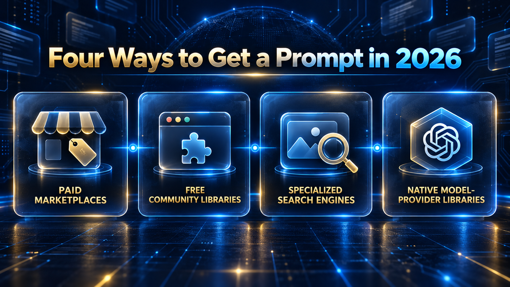 Infographic showing the four types of AI prompt sources in 2026: paid marketplaces, free community libraries, specialized search engines, and native model-provider libraries