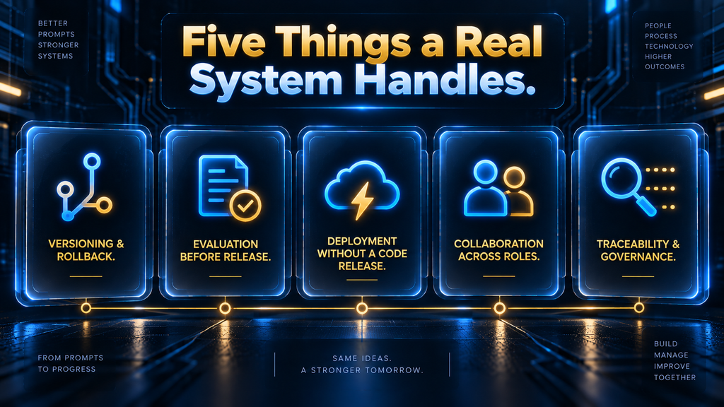 Infographic showing the five things a real prompt management system handles: versioning, evaluation, deployment, collaboration, and governance