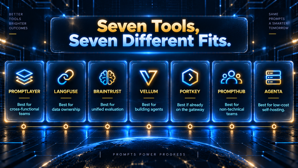 Comparison infographic showing which prompt management tool fits which kind of team: PromptLayer, Langfuse, Braintrust, Vellum, Portkey, PromptHub, and Agenta