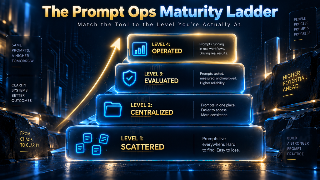 The Prompt Ops Maturity Ladder, an original AI Hustle World framework showing four levels of prompt management maturity from scattered to fully operated
