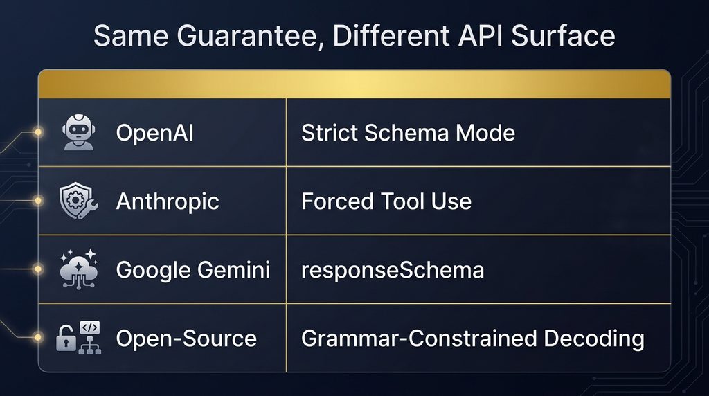 Comparison of how OpenAI, Anthropic, Gemini and open-source models implement structured output guarantees