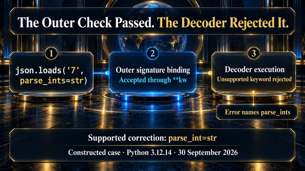 AI Hustle World lab diagram showing a misspelled JSON keyword passing outer signature binding and failing at the decoder.