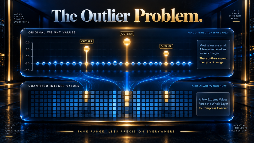 Diagram showing how a small number of extreme activation outliers force an entire neural network layer to be compressed more coarsely during quantization