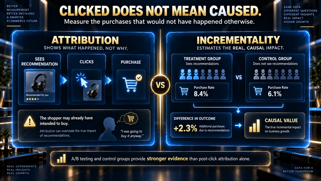 Ecommerce recommendation measurement diagram contrasting attribution with true incremental conversion.