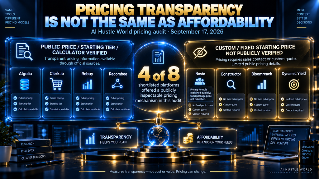 Pricing transparency comparison for eight AI product recommendation platforms.