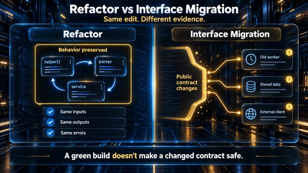 Infographic comparing an AI code refactor that preserves behavior with an interface migration that changes a public contract